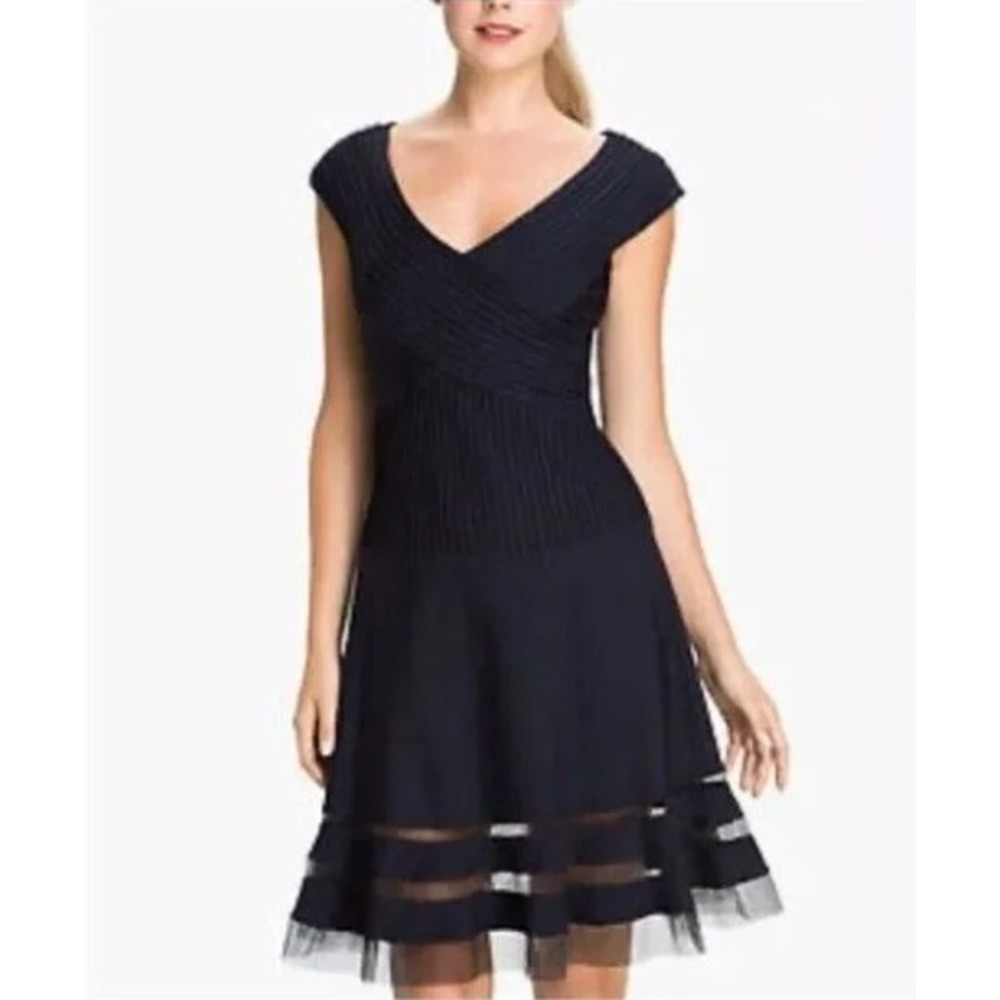 Tadashi Shoji Black V‑Neck Cap Sleeve Fit‑and‑Flare Mini Dress